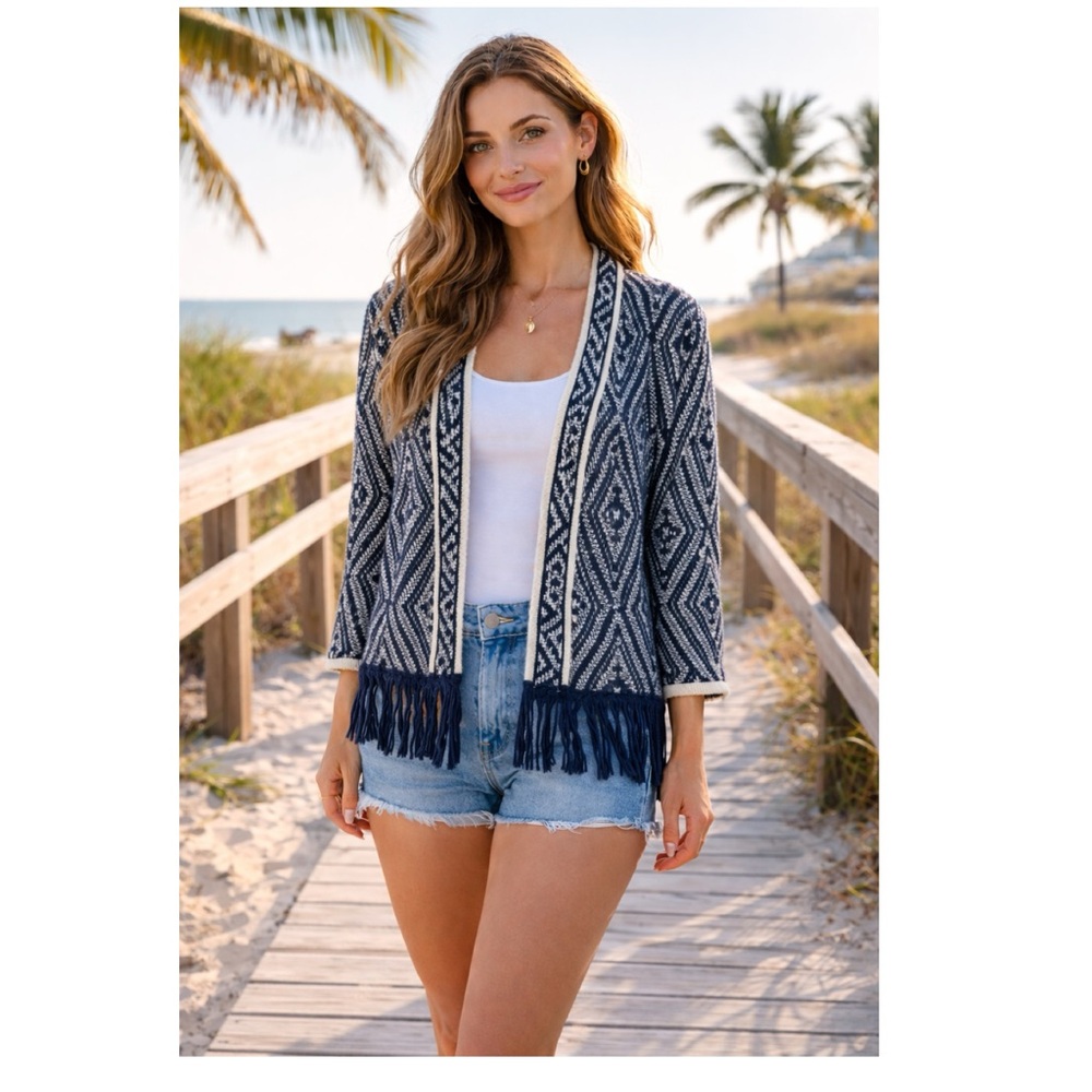 RUBY RD. Navy & Ivory Geometric Fringe Cardigan Sweater Sz L Boho Festival Coast